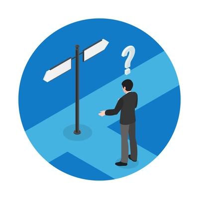 Choice isometric concept with man at crossroads on blue background isometric vector illustration