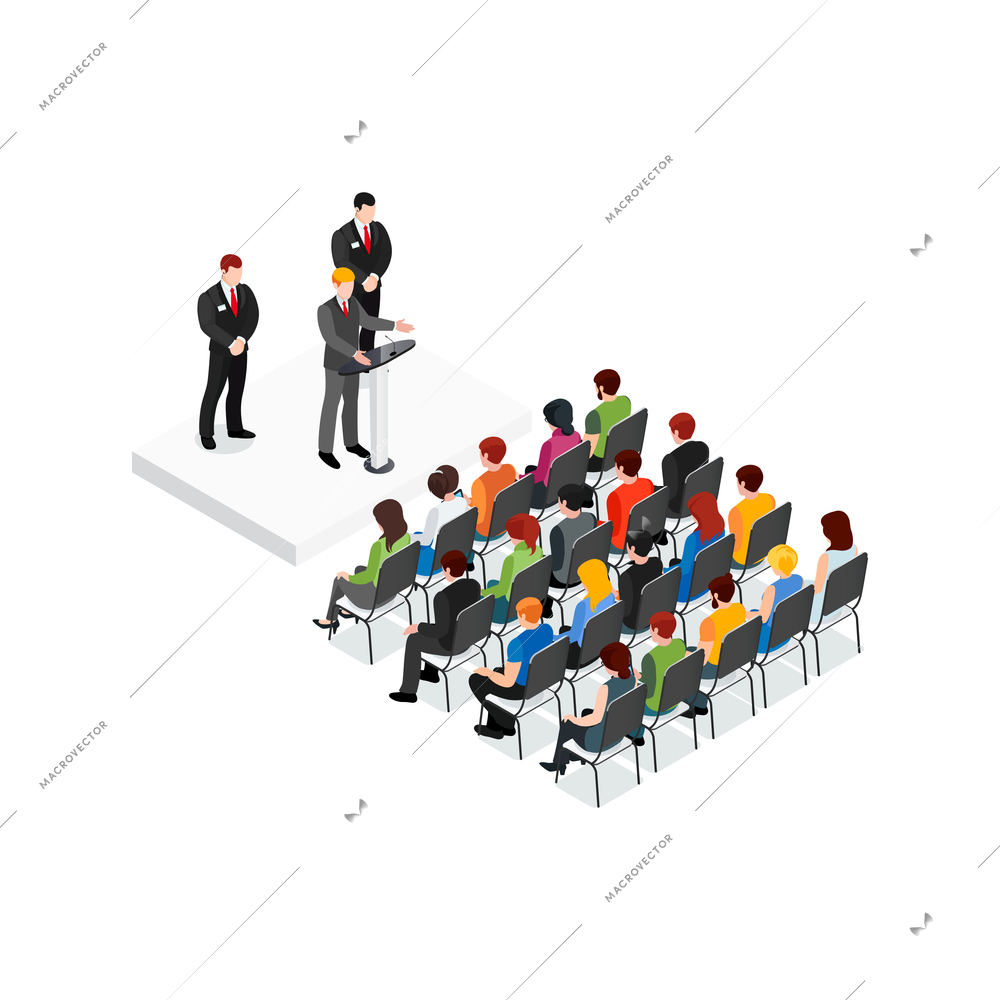 Party meeting isometric design concept with politician and his security speaking in front of audience vector illustration