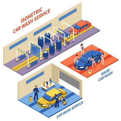 Car wash service isometric compositions with automatic cleaning girls in bikini on white background isolated vector illustration