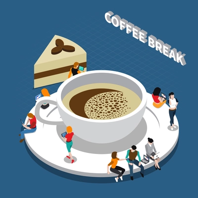 Coffee break isometric composition with cup of drink and people on saucer on blue background vector illustration