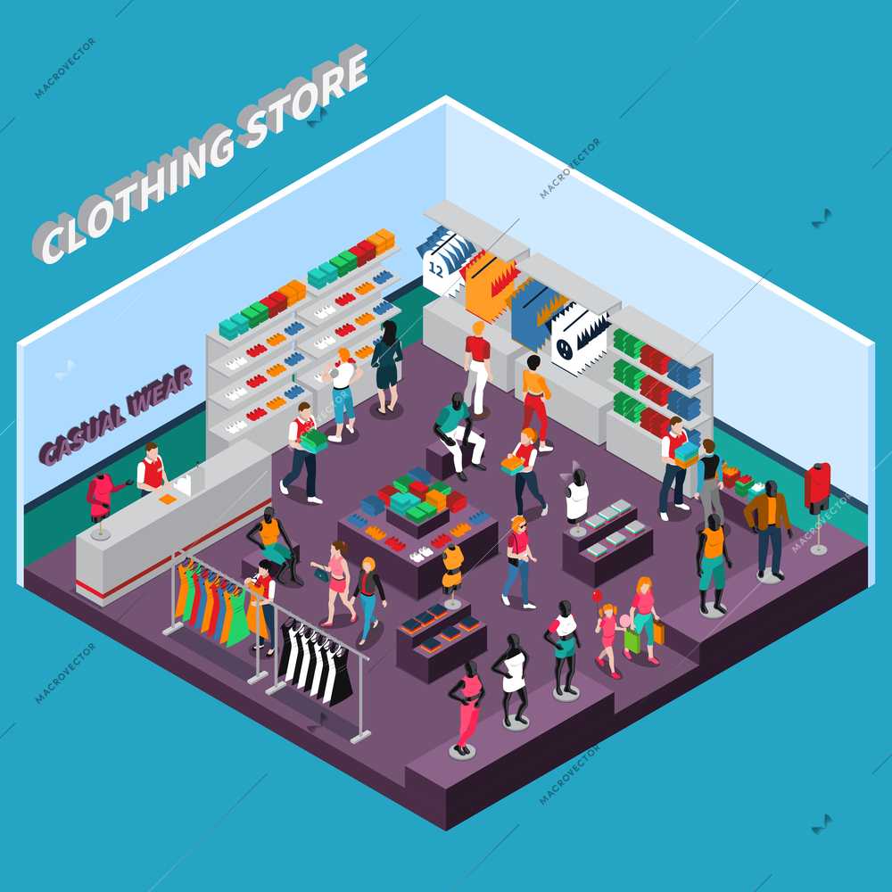 Clothing store isometric composition with customers shelves with goods racks with dresses mannequins in apparel vector illustration