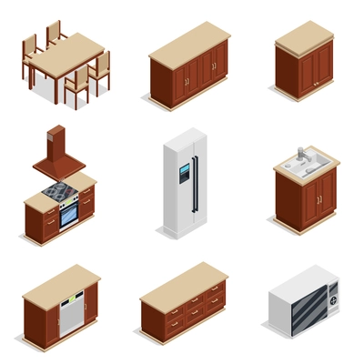 Kitchen furniture isometric icons set with fridge and table isolated vector illustration