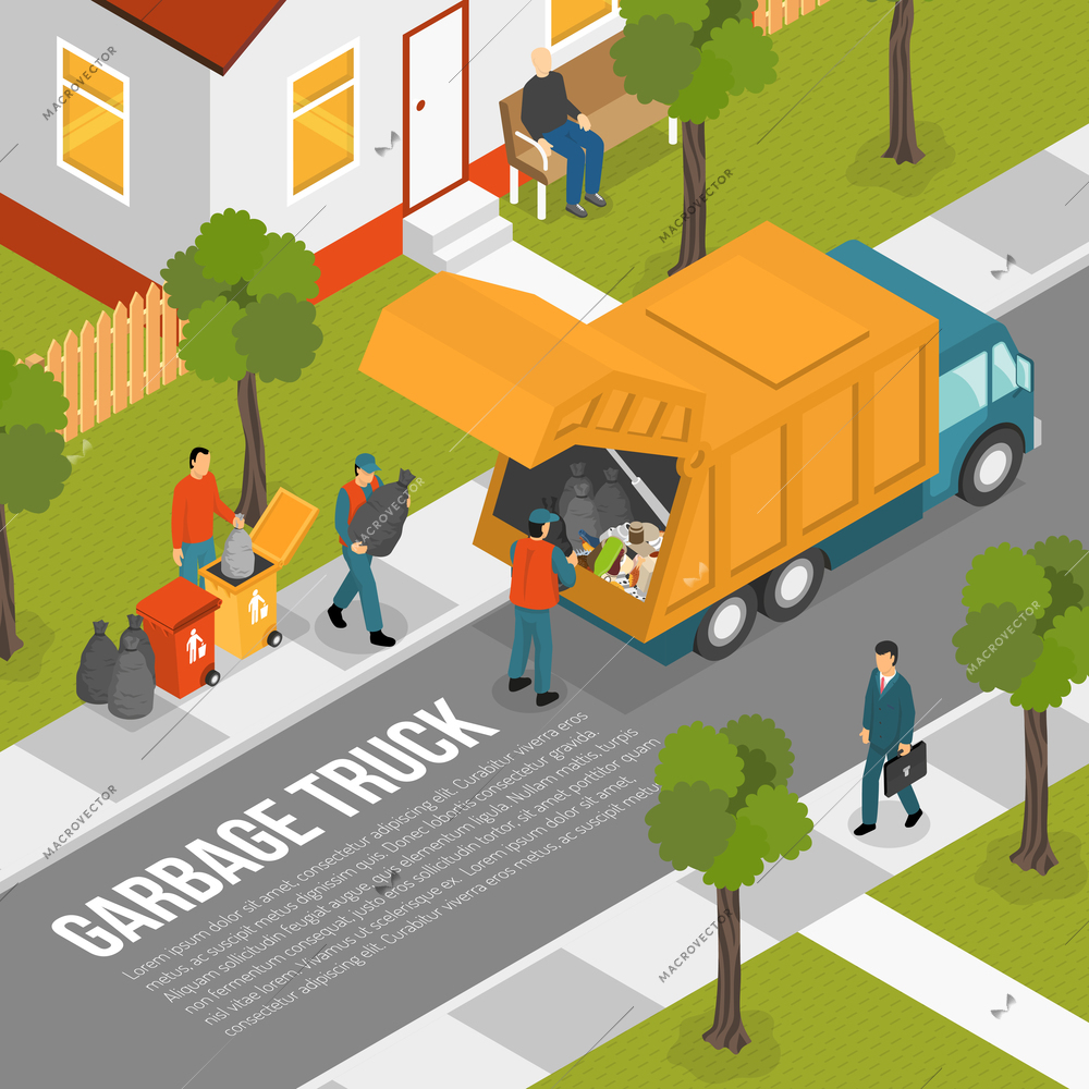 Colored isometric garbage recycling composition with garbage truck on a green street vector illustration