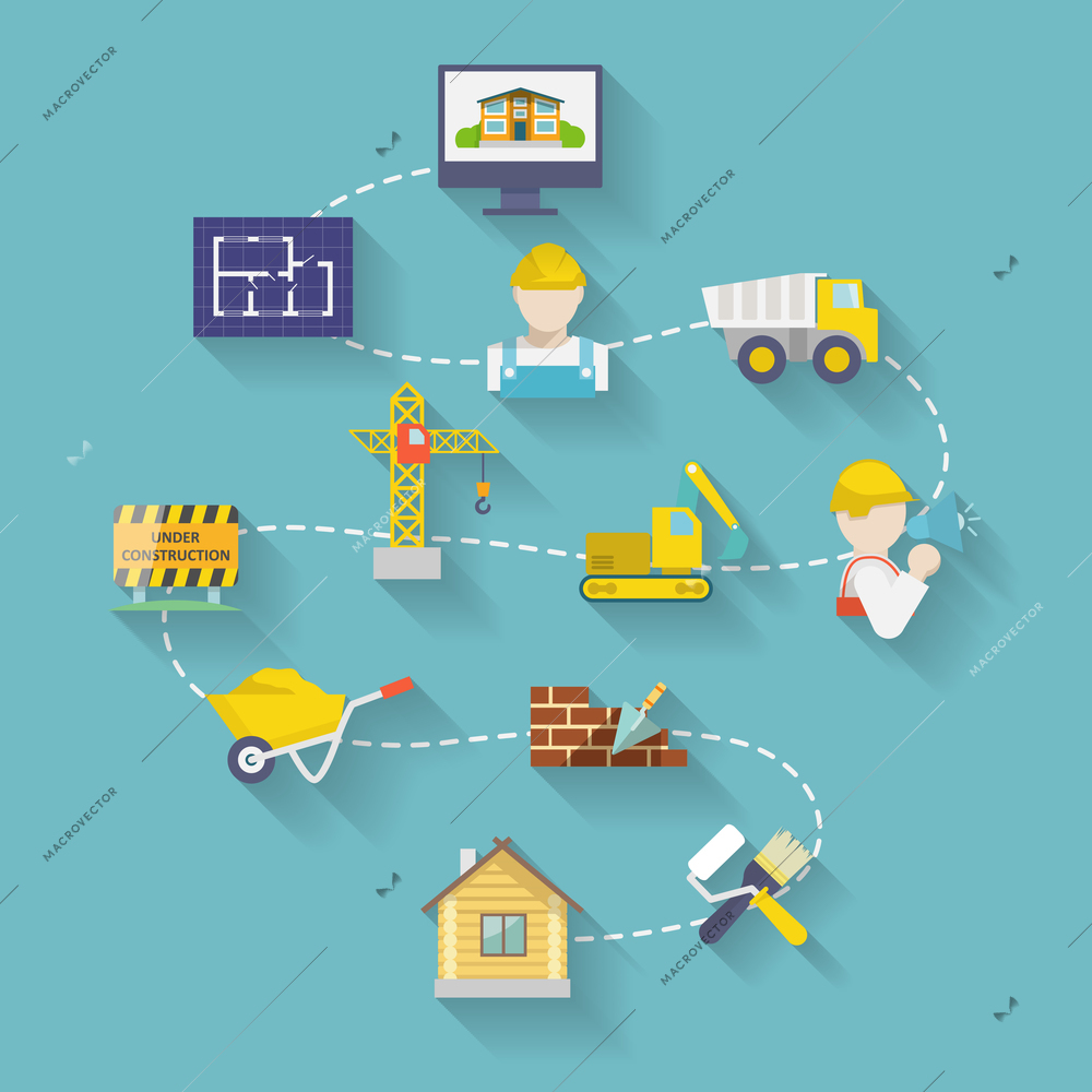 Construction industry house building stages elements flat design vector illustration