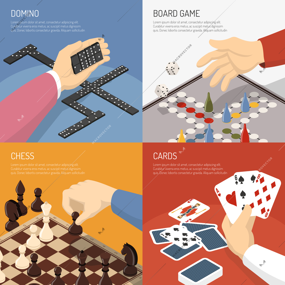 Four square colored board games design concept set with domino chess cards descriptions vector illustration