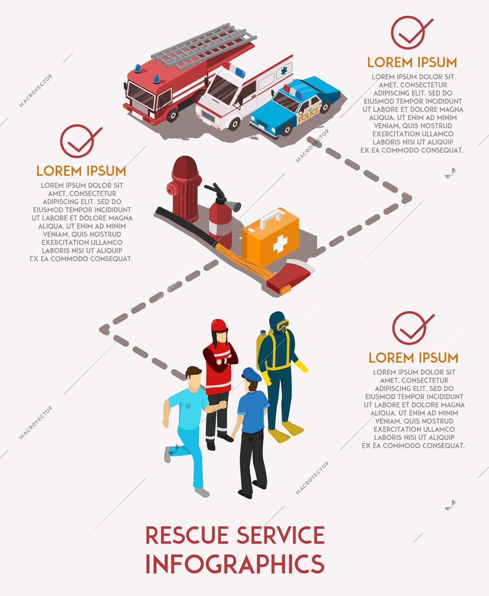 Isometric infographics with text field rescue service workers their cars and equipment vector illustration