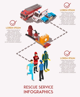 Isometric infographics with text field rescue service workers their cars and equipment vector illustration