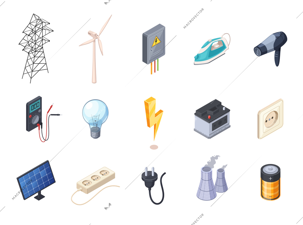 Electricity isometric icons set with socket and battery isolated vector illustration