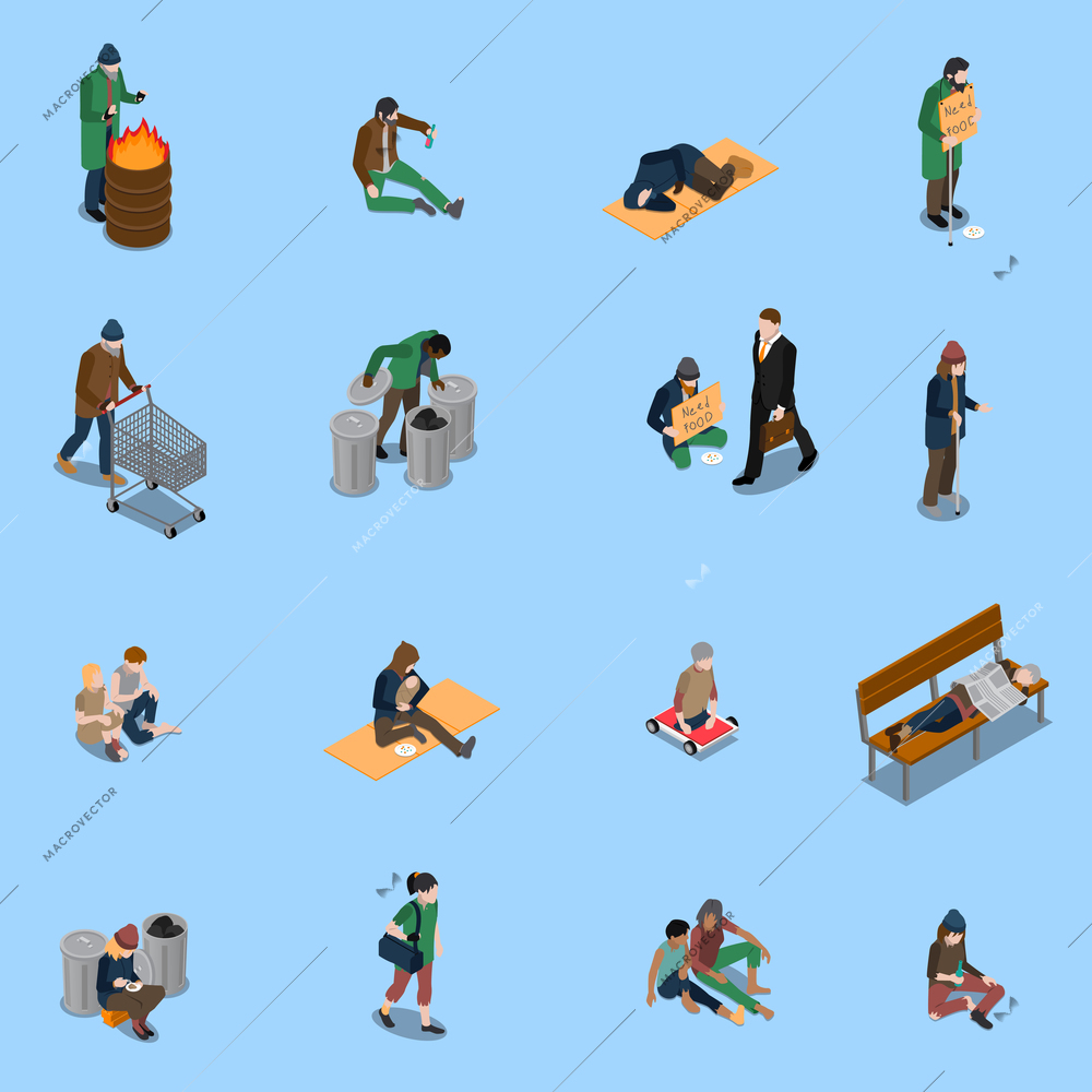 Homeless people isometric set with beggars needy and disabled persons tramps on blue background isolated vector illustration
