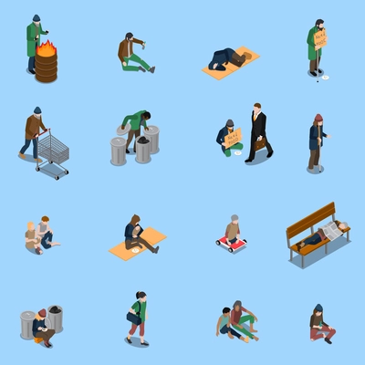 Homeless people isometric set with beggars needy and disabled persons tramps on blue background isolated vector illustration