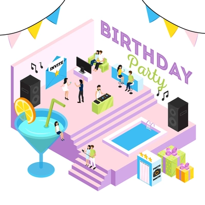 Birthday party isometric illustration with cocktail lounge interior swimming pool acoustic systems and people dancing to dj vector illustration