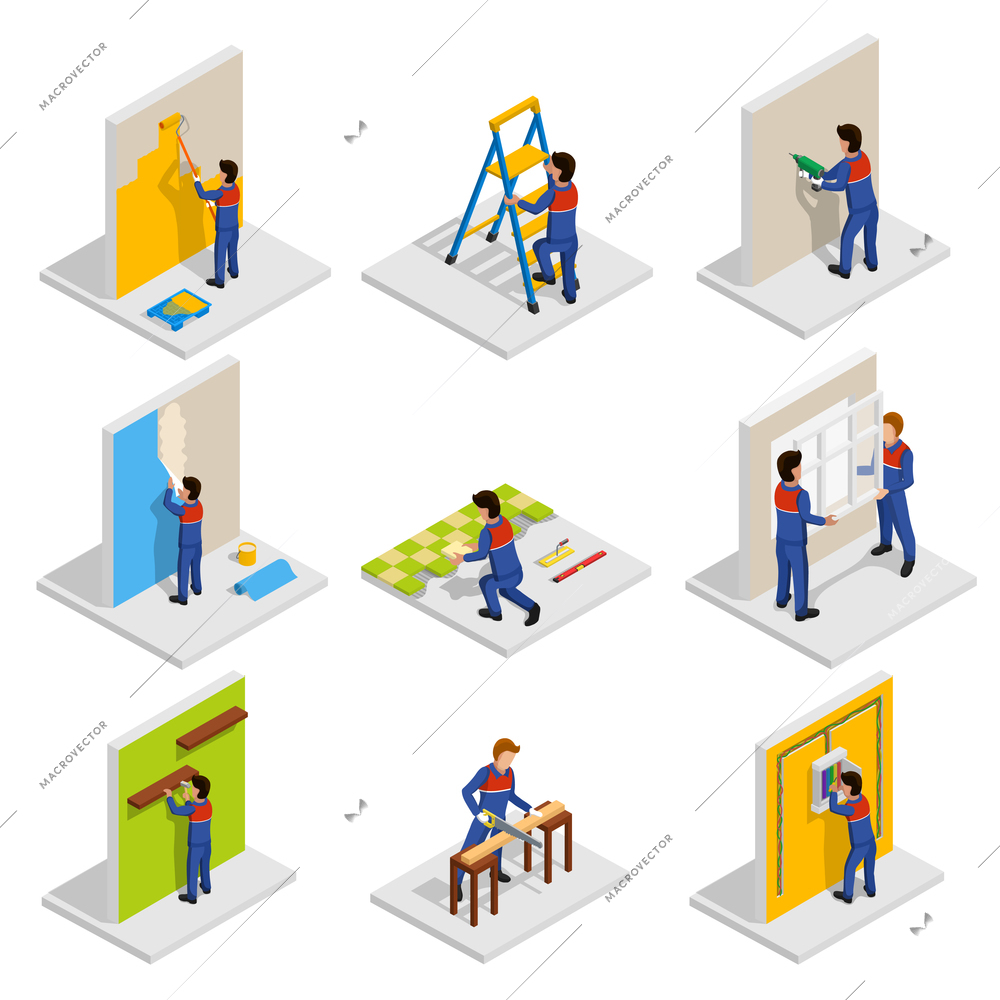 Renovation isometric icons set with paint and redecoration symbols isolated vector illustration