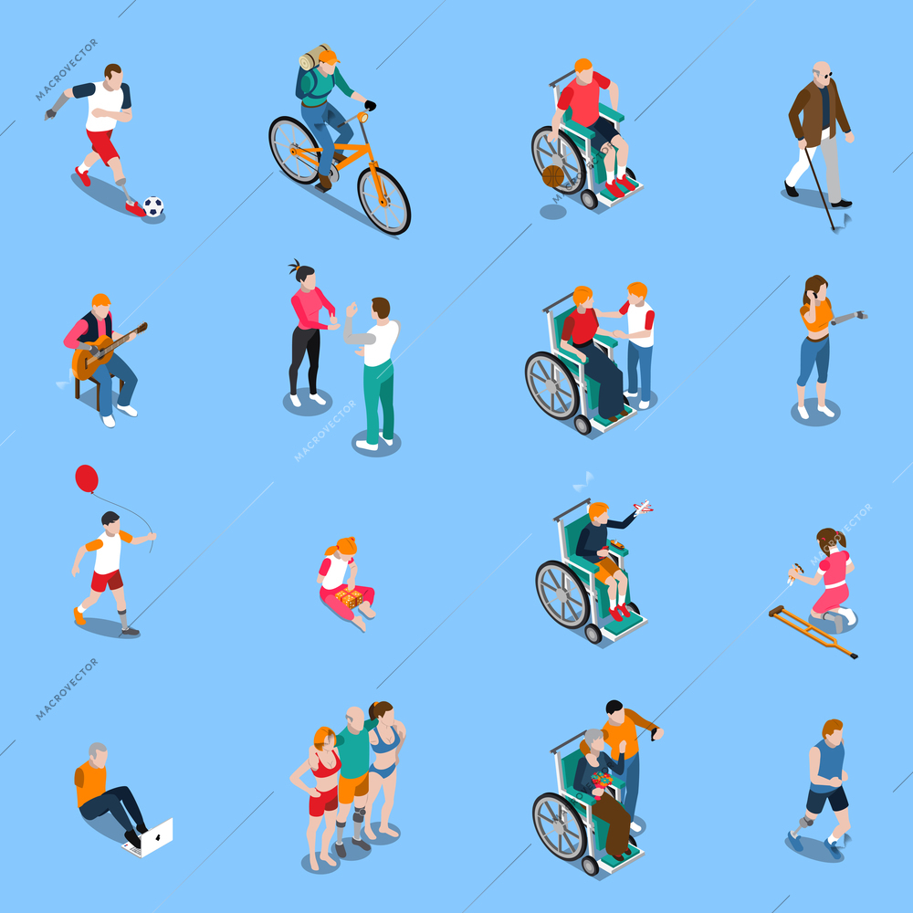 Disabled persons isometric set with adults and kids in different activities including sports music isolated vector illustration