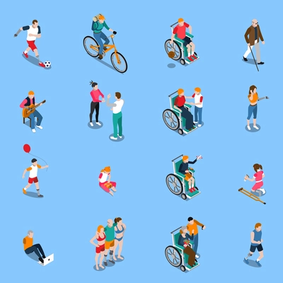 Disabled persons isometric set with adults and kids in different activities including sports music isolated vector illustration