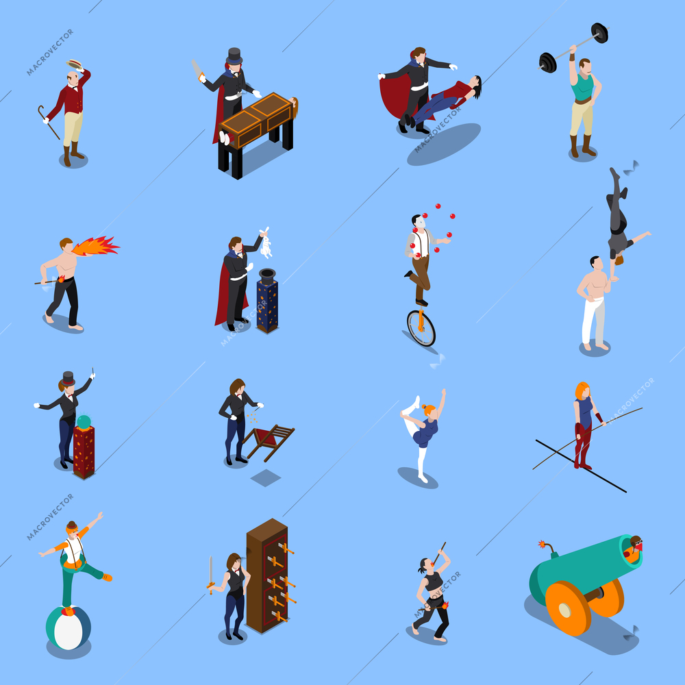 People from magic show isometric set with illusionist strongman gymnasts juggler artist with fire isolated vector illustration