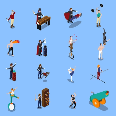 People from magic show isometric set with illusionist strongman gymnasts juggler artist with fire isolated vector illustration