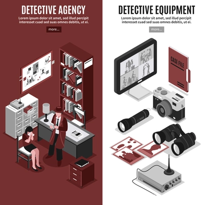 Detective vertical banners set of isometric image compositions with investigation agency office interior and hardware equipment vector illustration