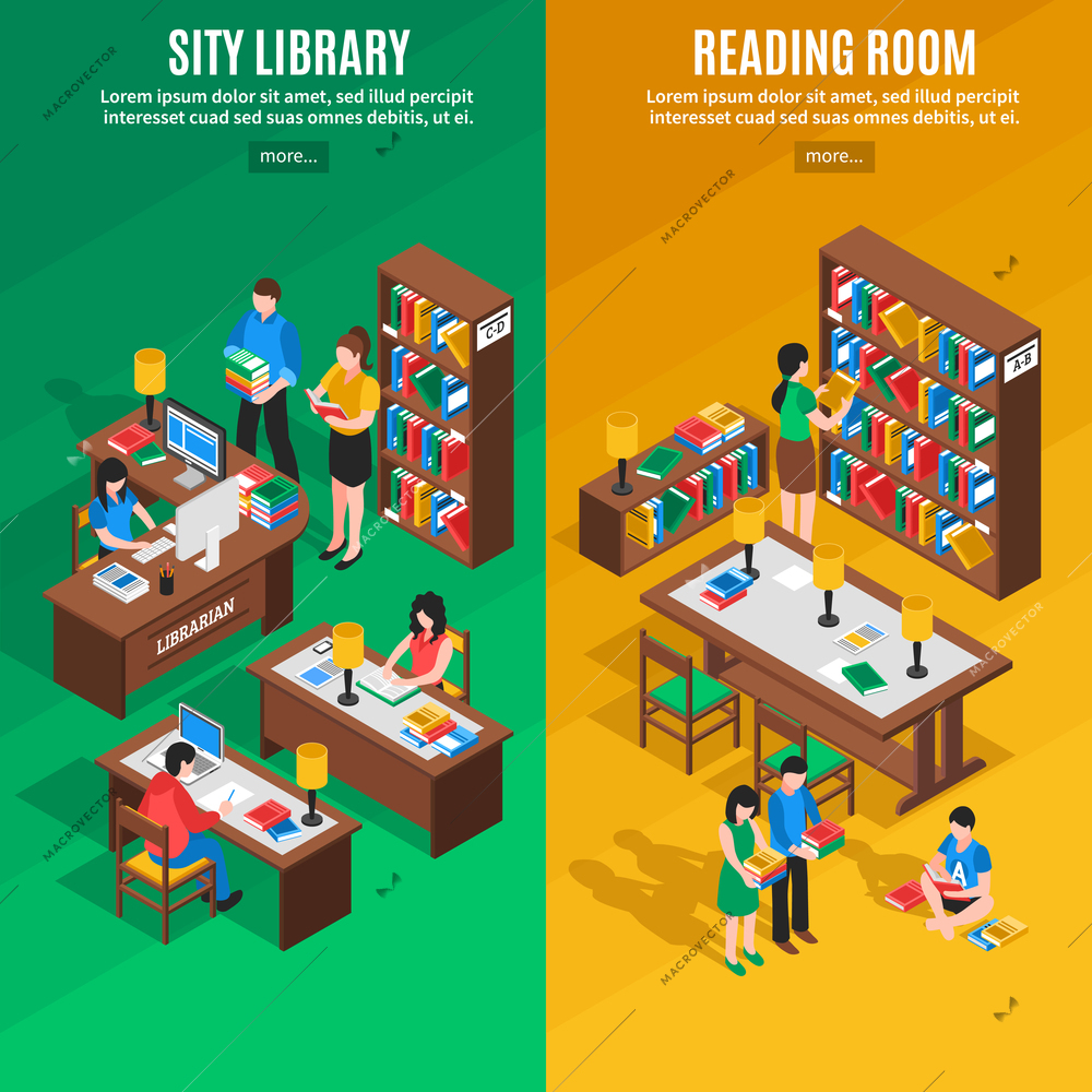 Isometric vertical banners with city library and reading room on green and yellow background isolated vector illustration