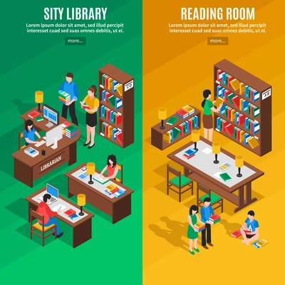 Isometric vertical banners with city library and reading room on green and yellow background isolated vector illustration