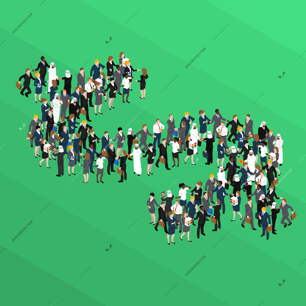 Crowd of business people in form of dollar sign isometric concept on green background vector illustration