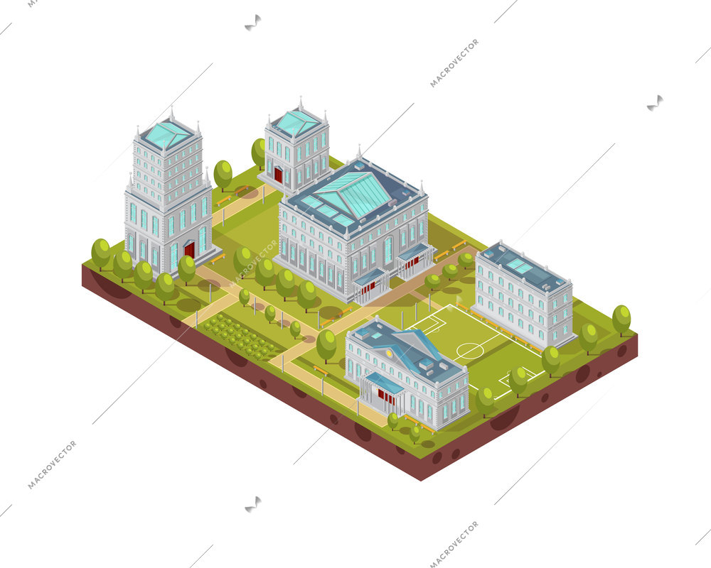 Complex of university buildings with football field, green trees, benches and walkways isometric layout vector illustration