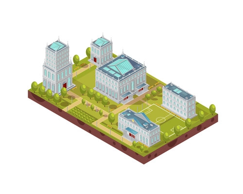 Complex of university buildings with football field, green trees, benches and walkways isometric layout vector illustration