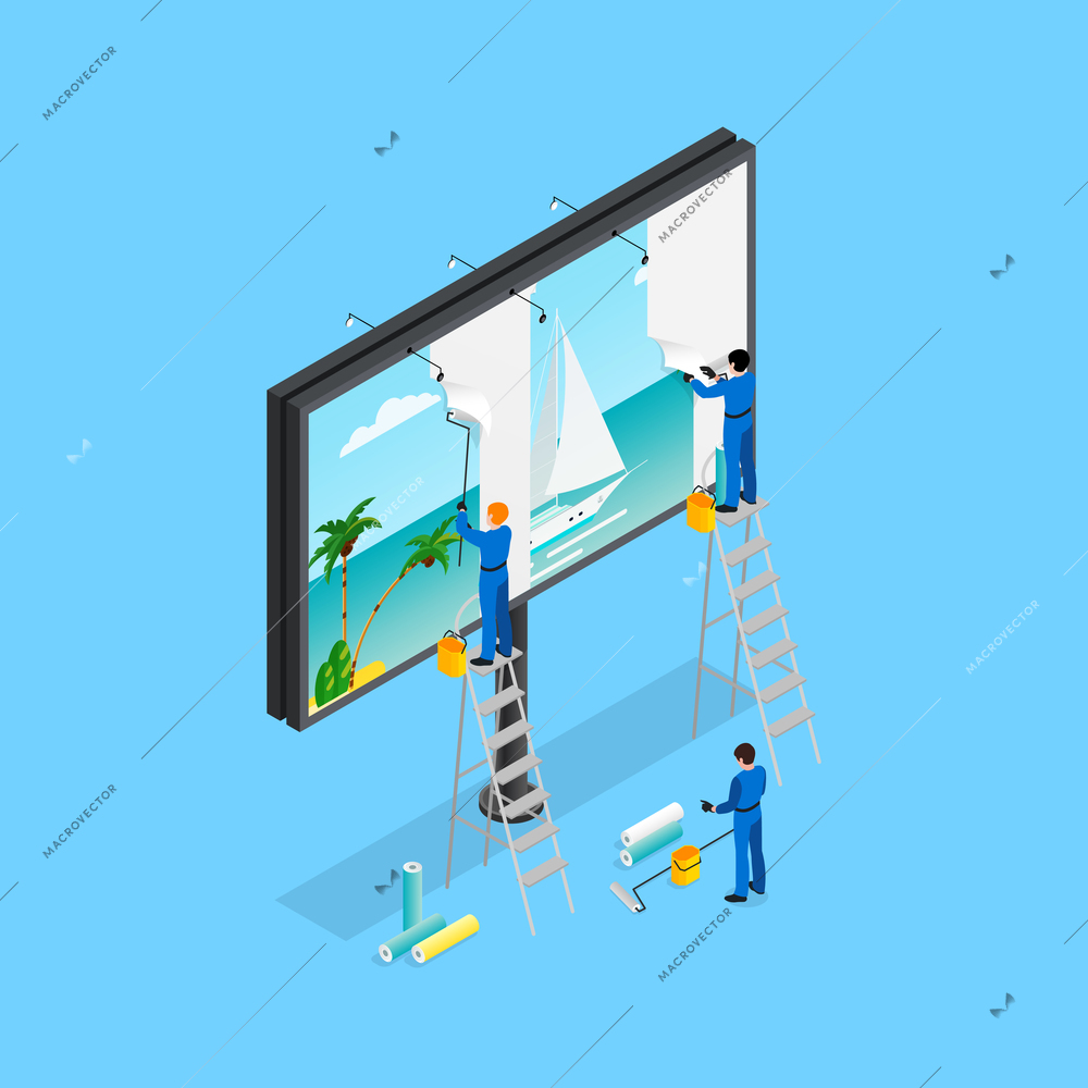 Advertising isometric concept with billboard  on blue background isometric vector illustration