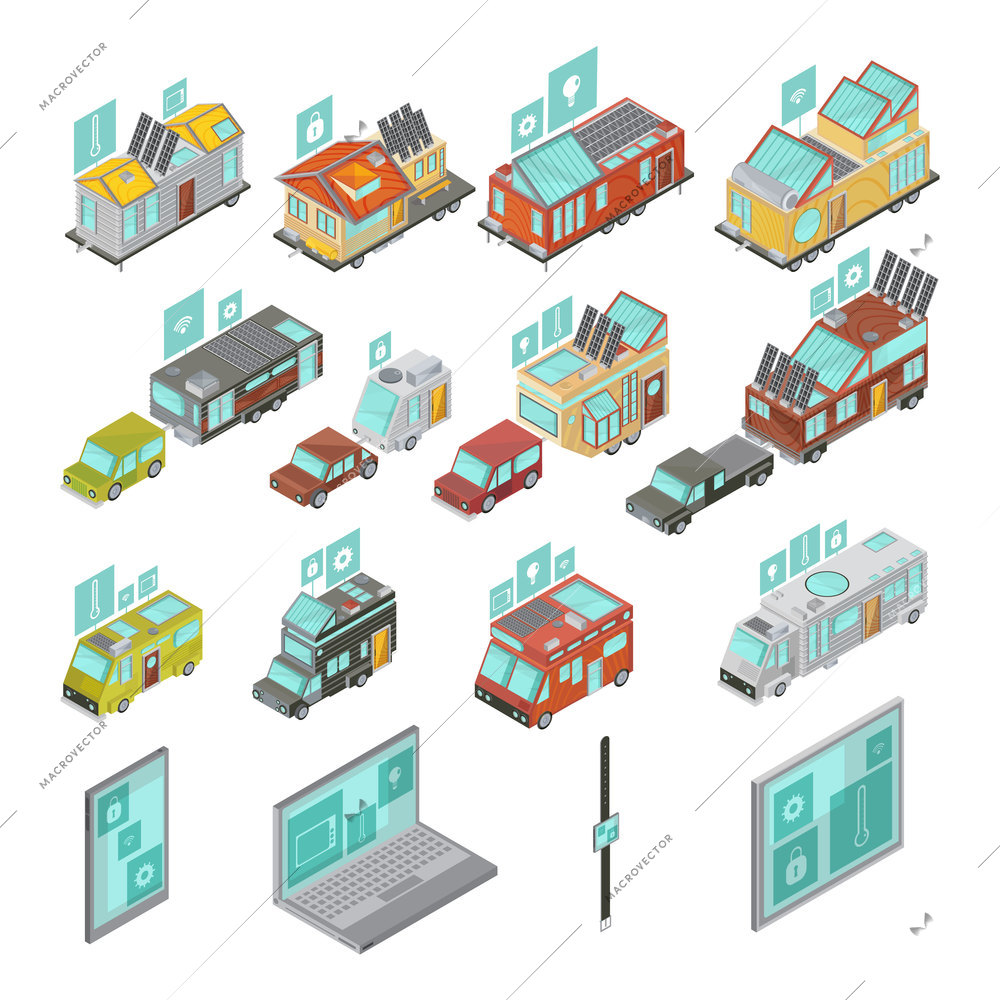 Mobile homes isometric set including electronic devices vans and houses trailers with technologies icons isolated vector illustration