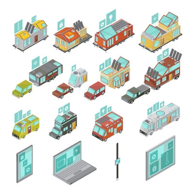 Mobile homes isometric set including electronic devices vans and houses trailers with technologies icons isolated vector illustration