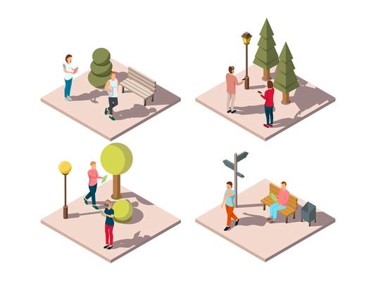 Gadgets people isometric composition with urban park visitors reading texting listening to music on the go vector illustration