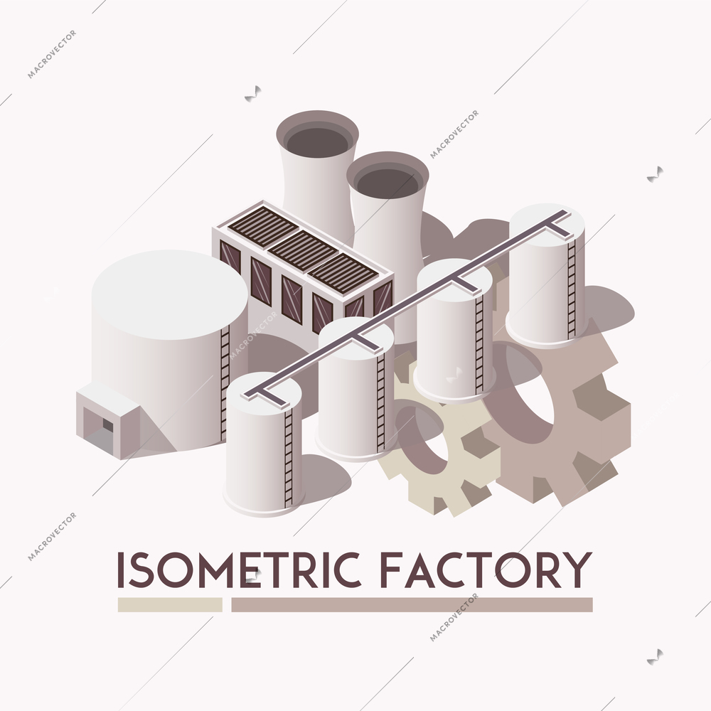 Isometric set of factory chimneys and industrial constructions on light background 3d vector illustration