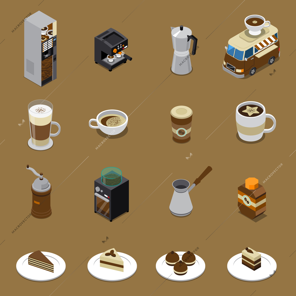 Coffee isometric set with beverages and sweets on plates vending machine grinder cezve car isolated vector illustration