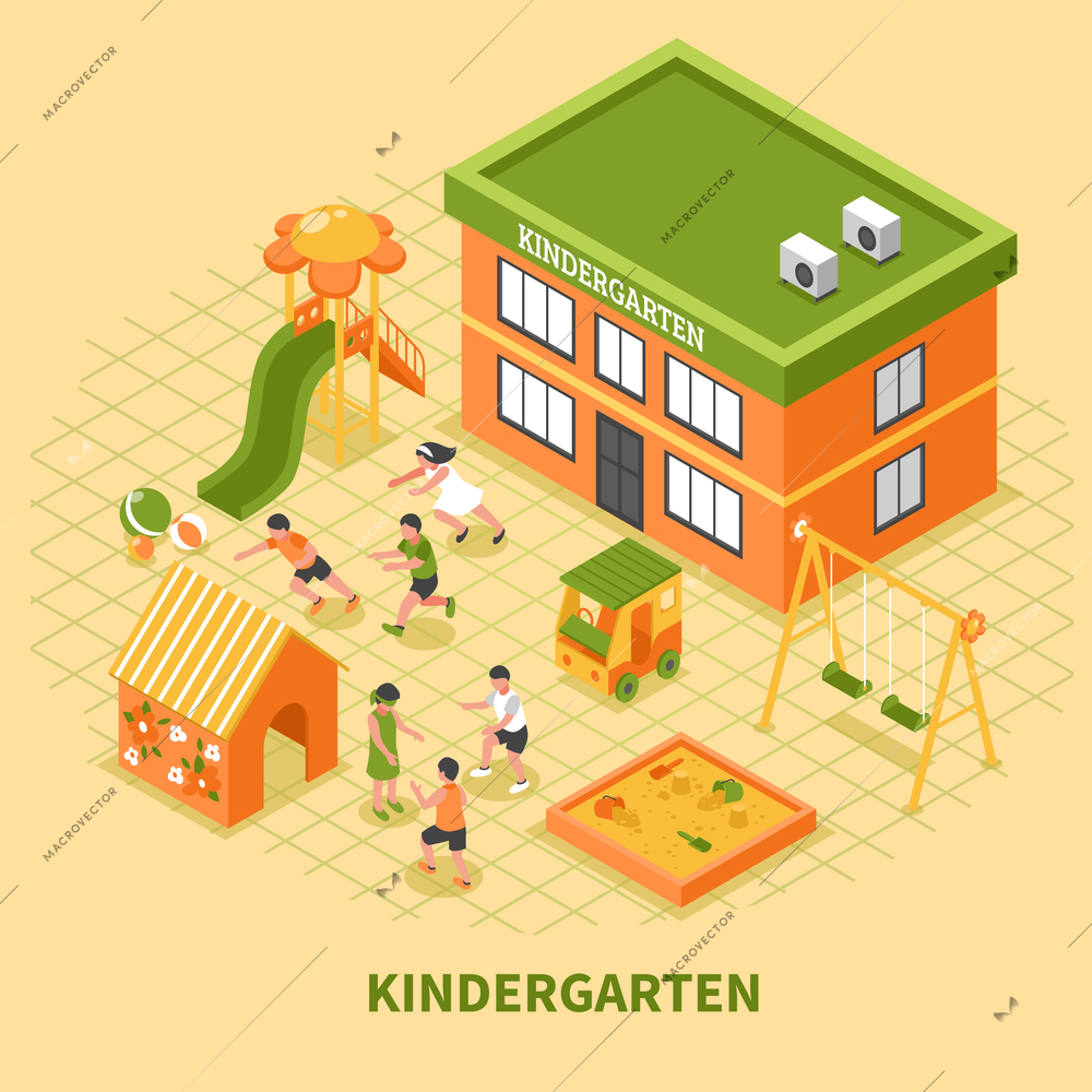Kindergarten building isometric composition with kids group busy in sport and mobile games on playground vector illustration