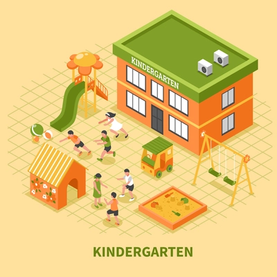 Kindergarten building isometric composition with kids group busy in sport and mobile games on playground vector illustration