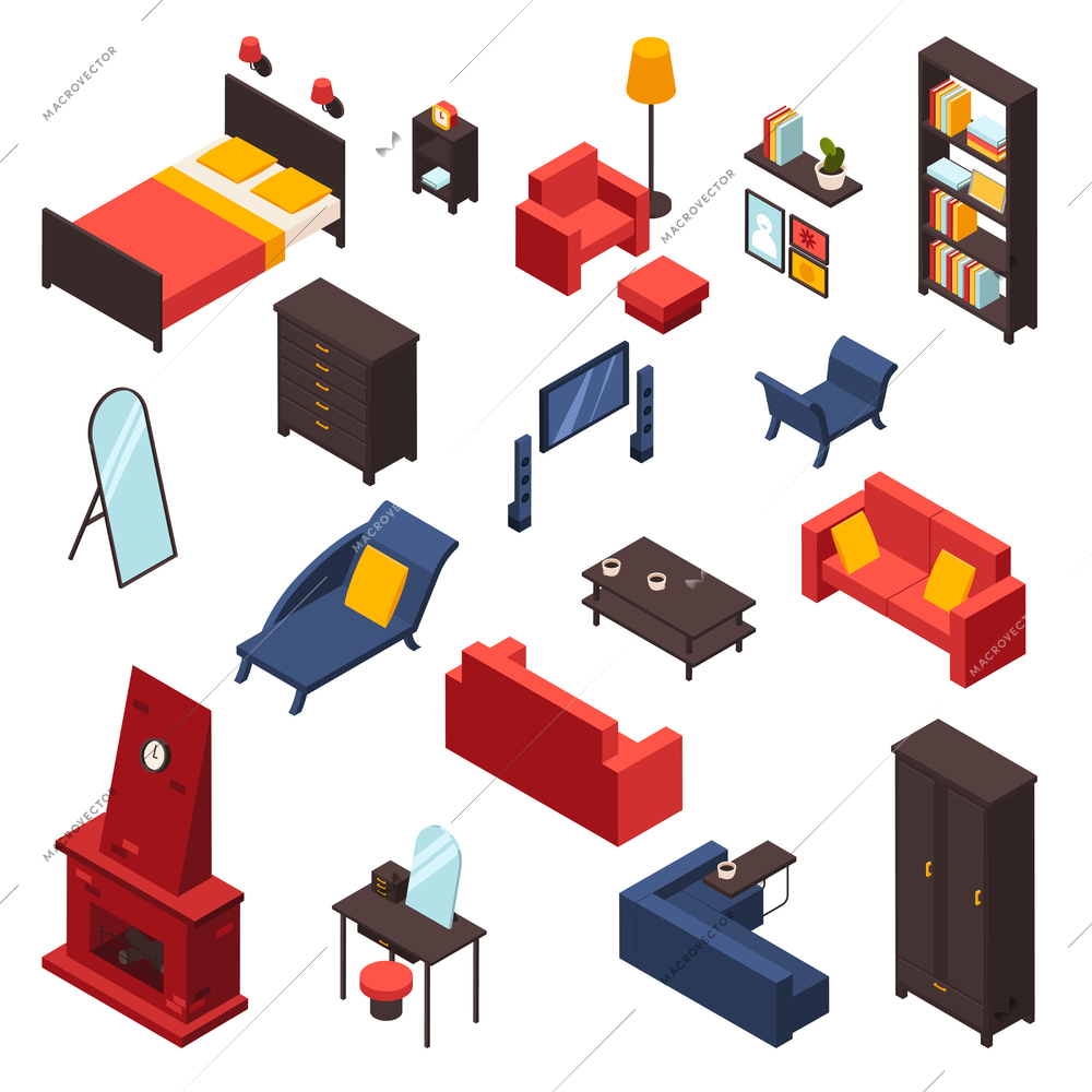 Living room furniture icons set with sofa TV and mirror isometric isolated vector illustration