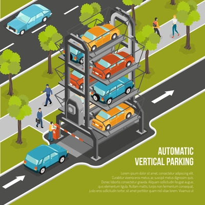 Car parking poster or flyer with automatic vertical parking located in the city vector illustration