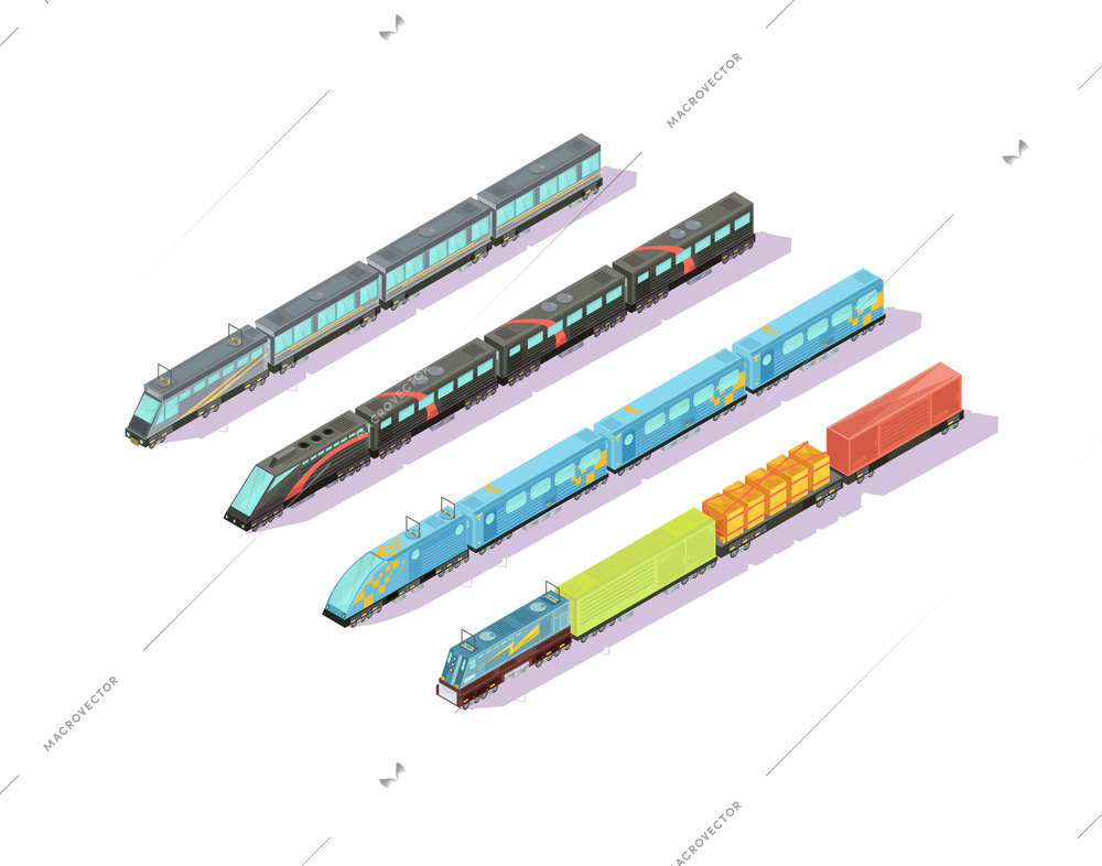 Trains composition of four isolated images of isometric train sets with varnished cars and baggage train vector illustration