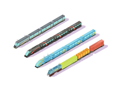 Trains composition of four isolated images of isometric train sets with varnished cars and baggage train vector illustration