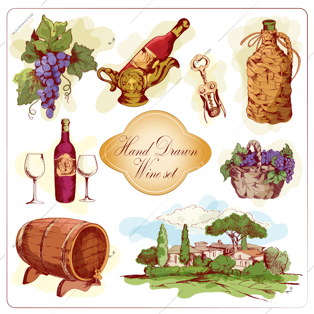 Wine decorative icons set of grape winery corkscrew isolated vector illustration