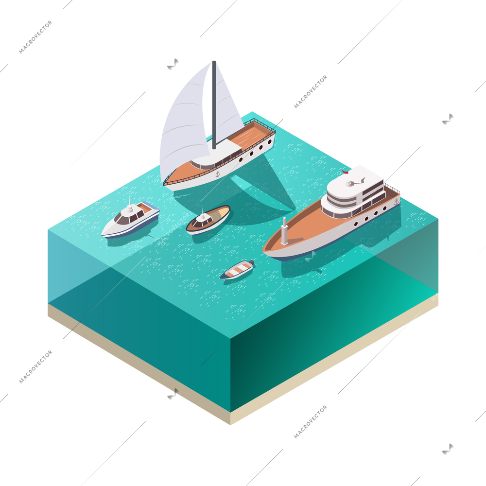 Four ships of different size floating on water isometric composition on white background 3d vector illustration