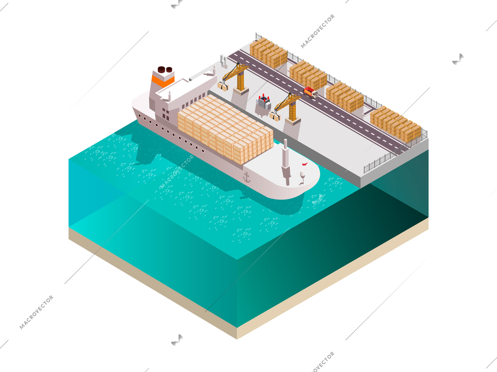 Shipyard composition with isometric image of marine cargo terminal crane towers loading containers onto cargo ship vector illustration