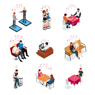 Gay dating isometric compositions with same sex couples meeting in cafe cinema and outdoor vector illustration