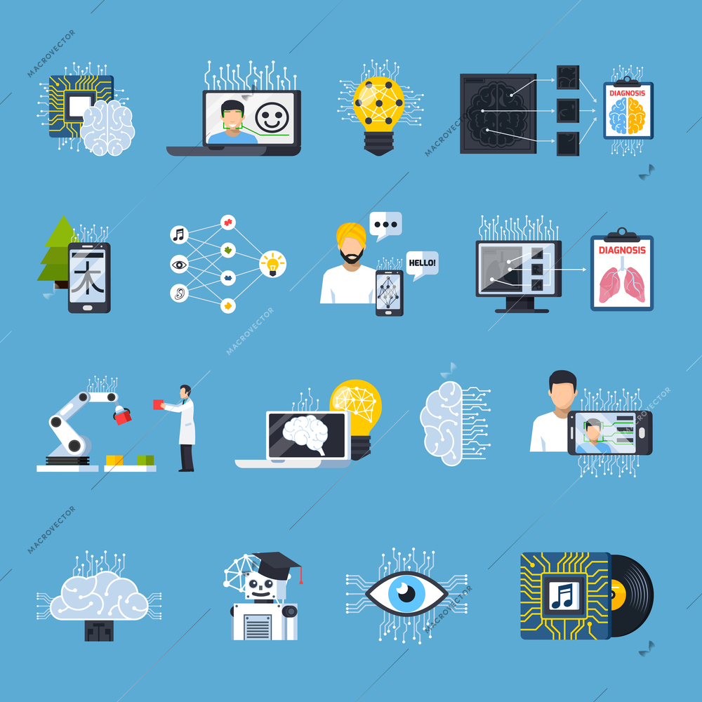 Neural meshes networks isolated decorative icons set on theme of deep learning speech and image recognition telemedicine flat vector illustration