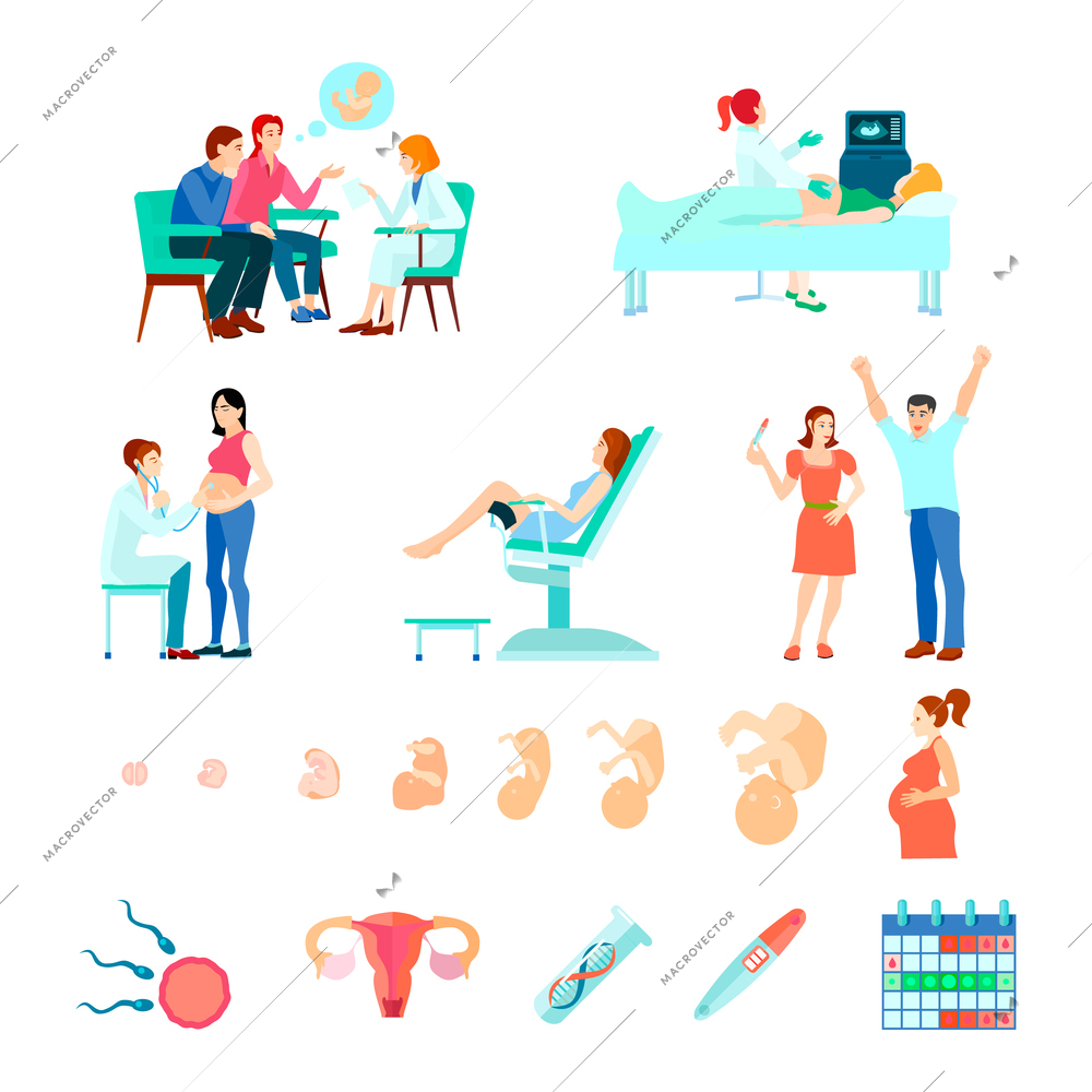 Colored isometric midwifery obstetrics gestation icon set with stages of pregnancy and seeing a doctor vector illustration