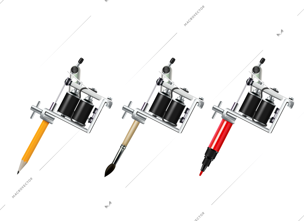 Tattoo machine with pencil brush and marker drawing set isolated on white background realistic vector illustration