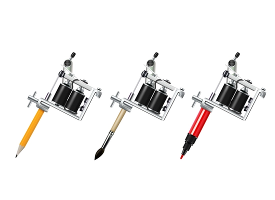 Tattoo machine with pencil brush and marker drawing set isolated on white background realistic vector illustration