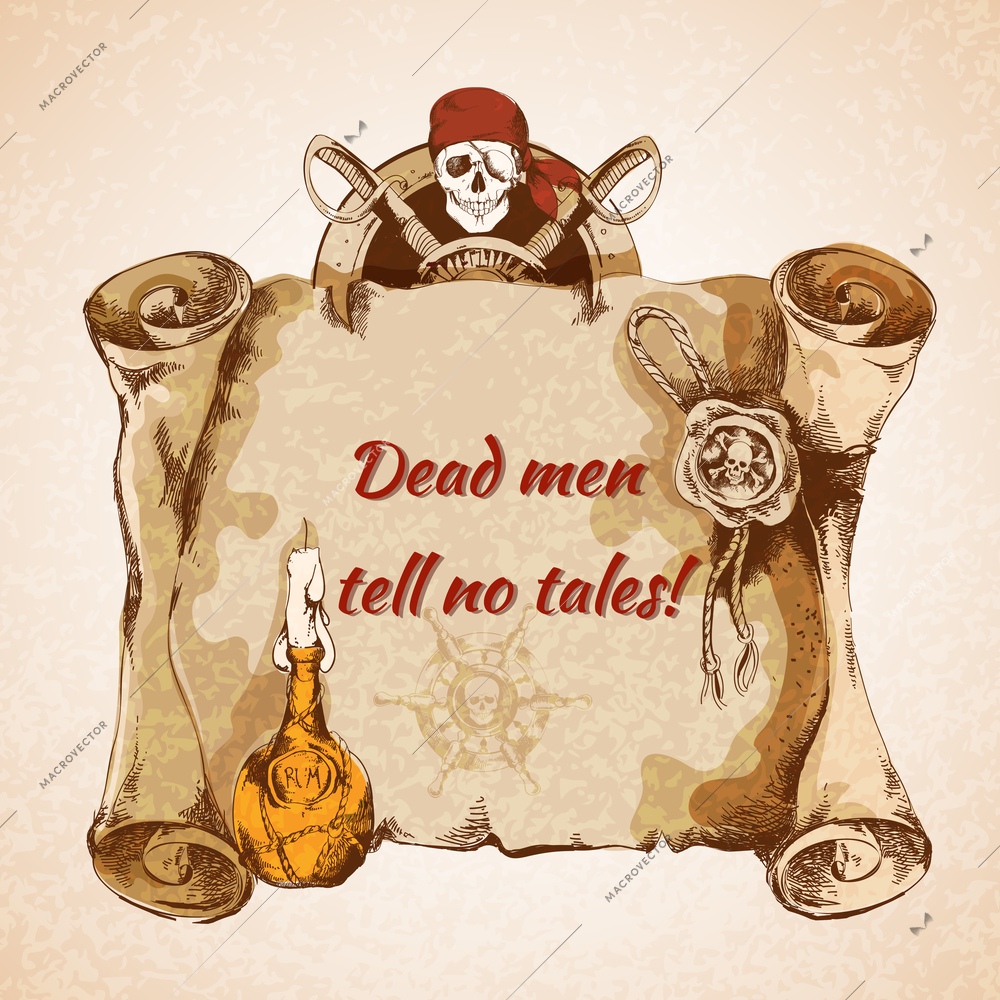 Vintage pirates torn paper manuscript background with rum bottle seal skull vector illustration