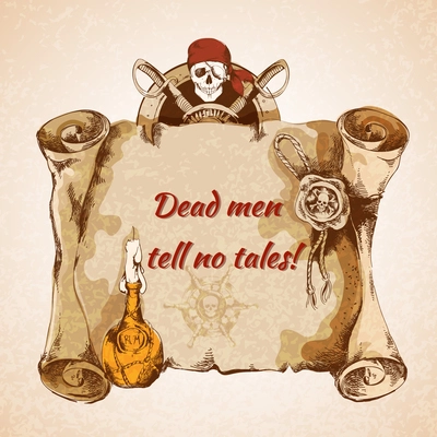 Vintage pirates torn paper manuscript background with rum bottle seal skull vector illustration