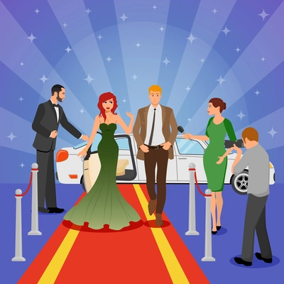 Celebrity design composition with young woman in evening dress on red carpet white limousine and interviewing journalists flat vector illustration