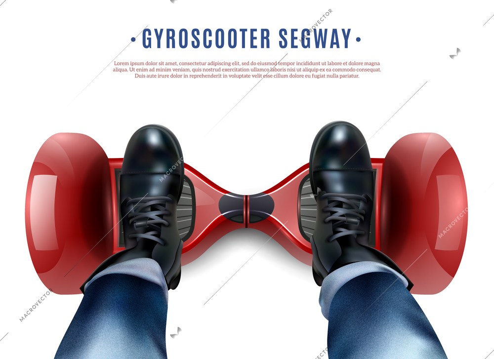 Riders feet in black shoes on red two-wheeled self-balancing gyro scooter realistic top view vector illustration